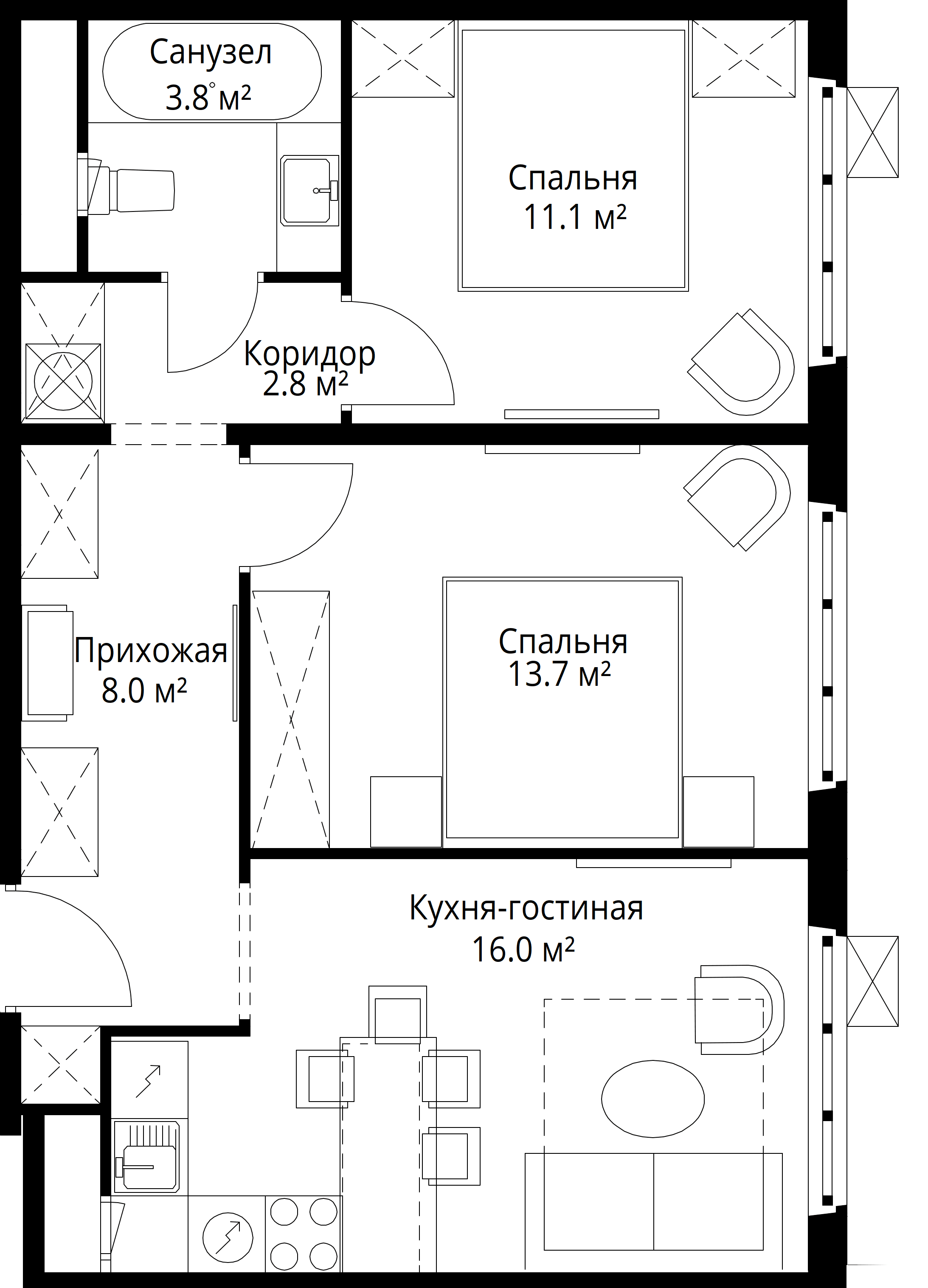 2-комнатная, 55,4 м² — 12 546 371 ₽
