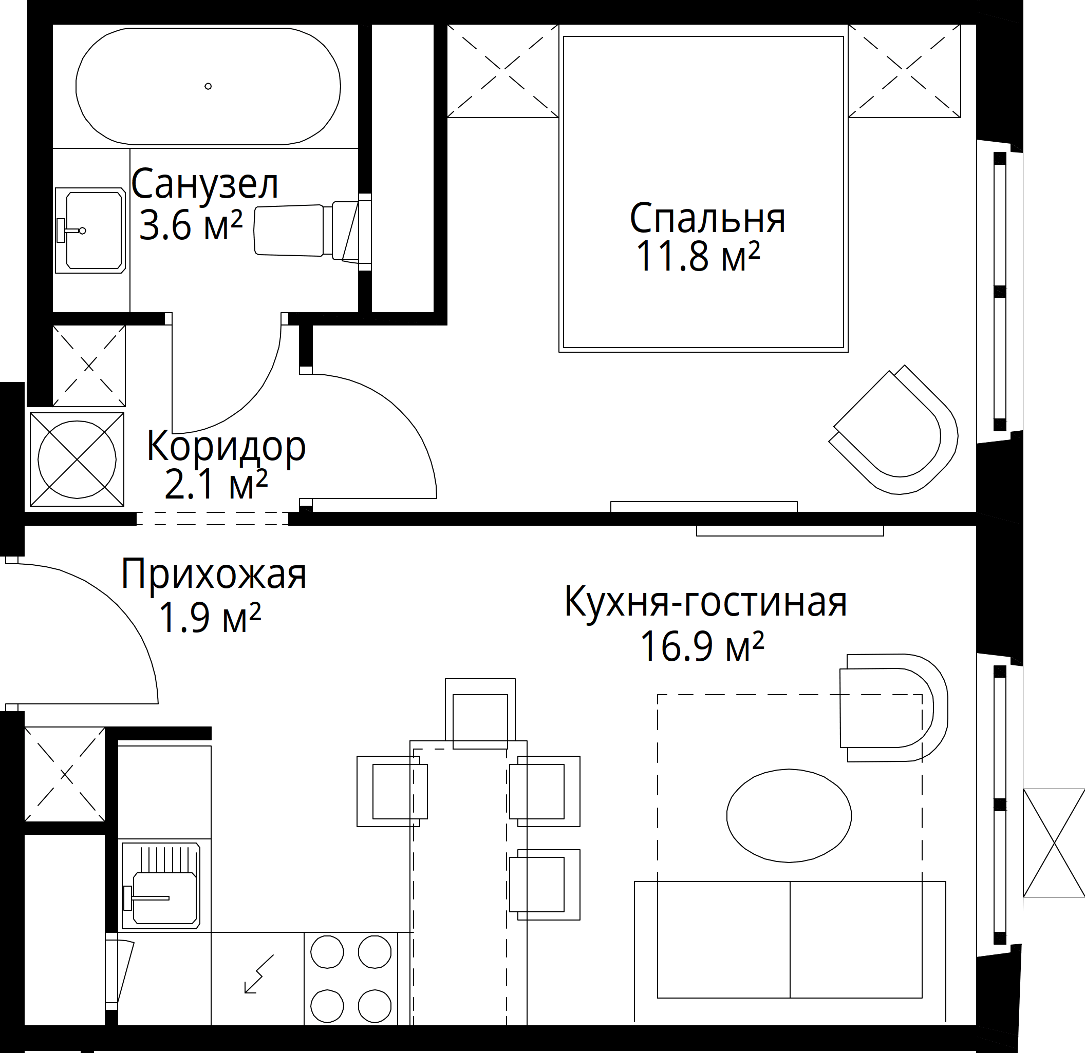 1-комнатная, 36,3 м² — 10 491 304 ₽