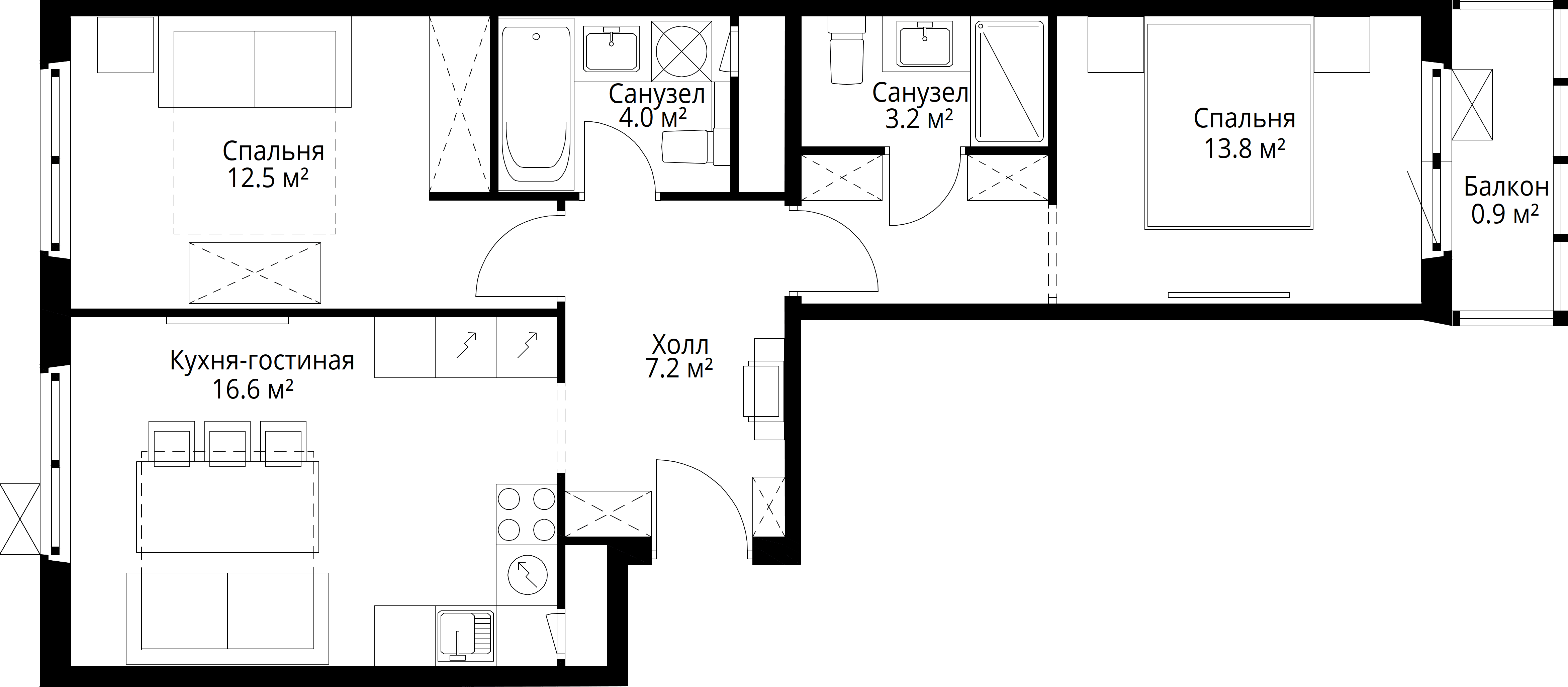 2-комнатная, 58,2 м² — 13 615 214 ₽