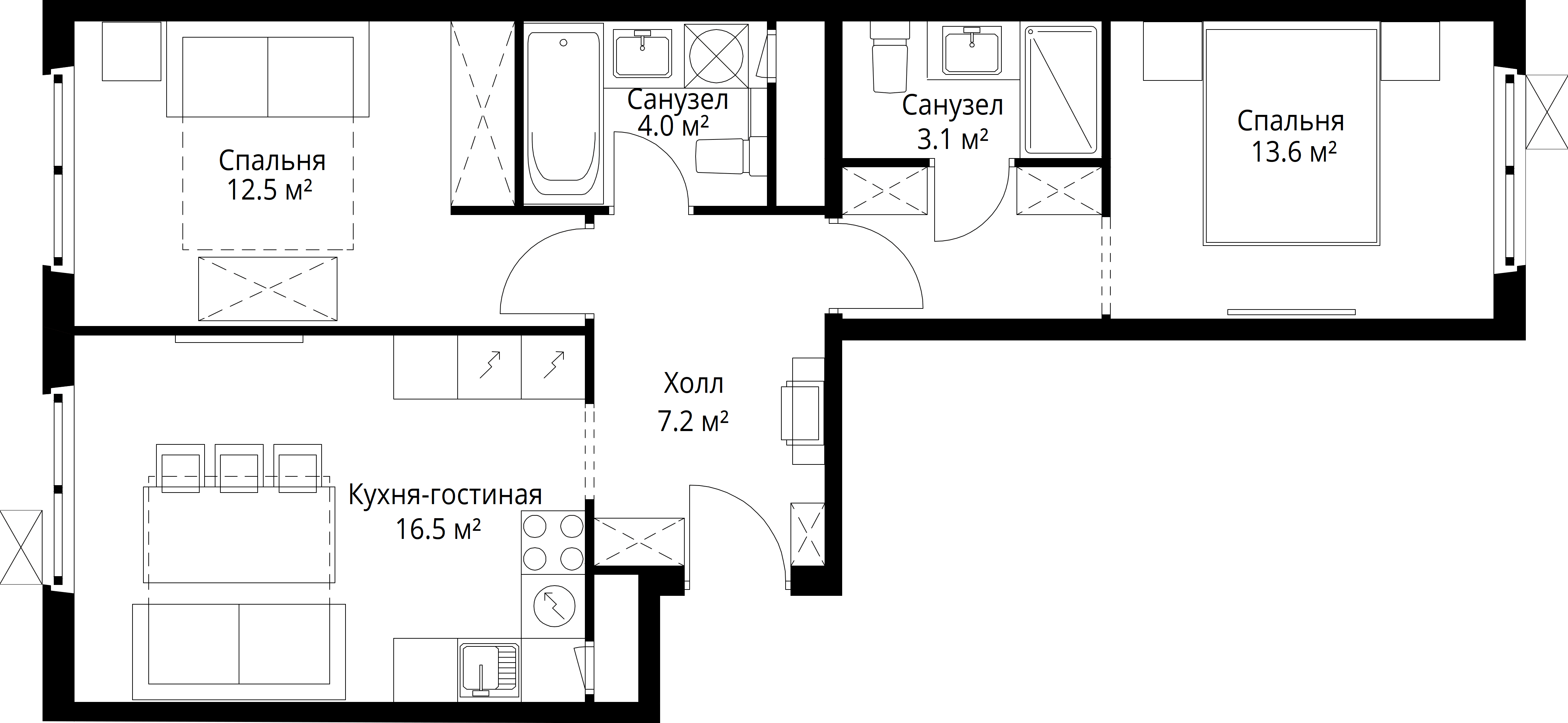 2-комнатная, 56,9 м² — 13 884 665 ₽