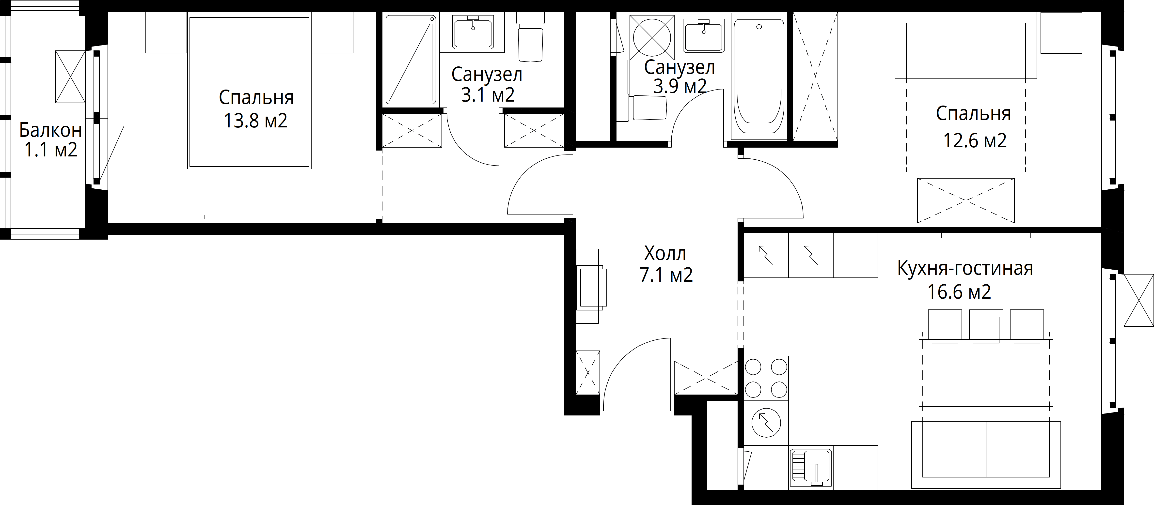 2-комнатная, 58,2 м² — 13 840 714 ₽