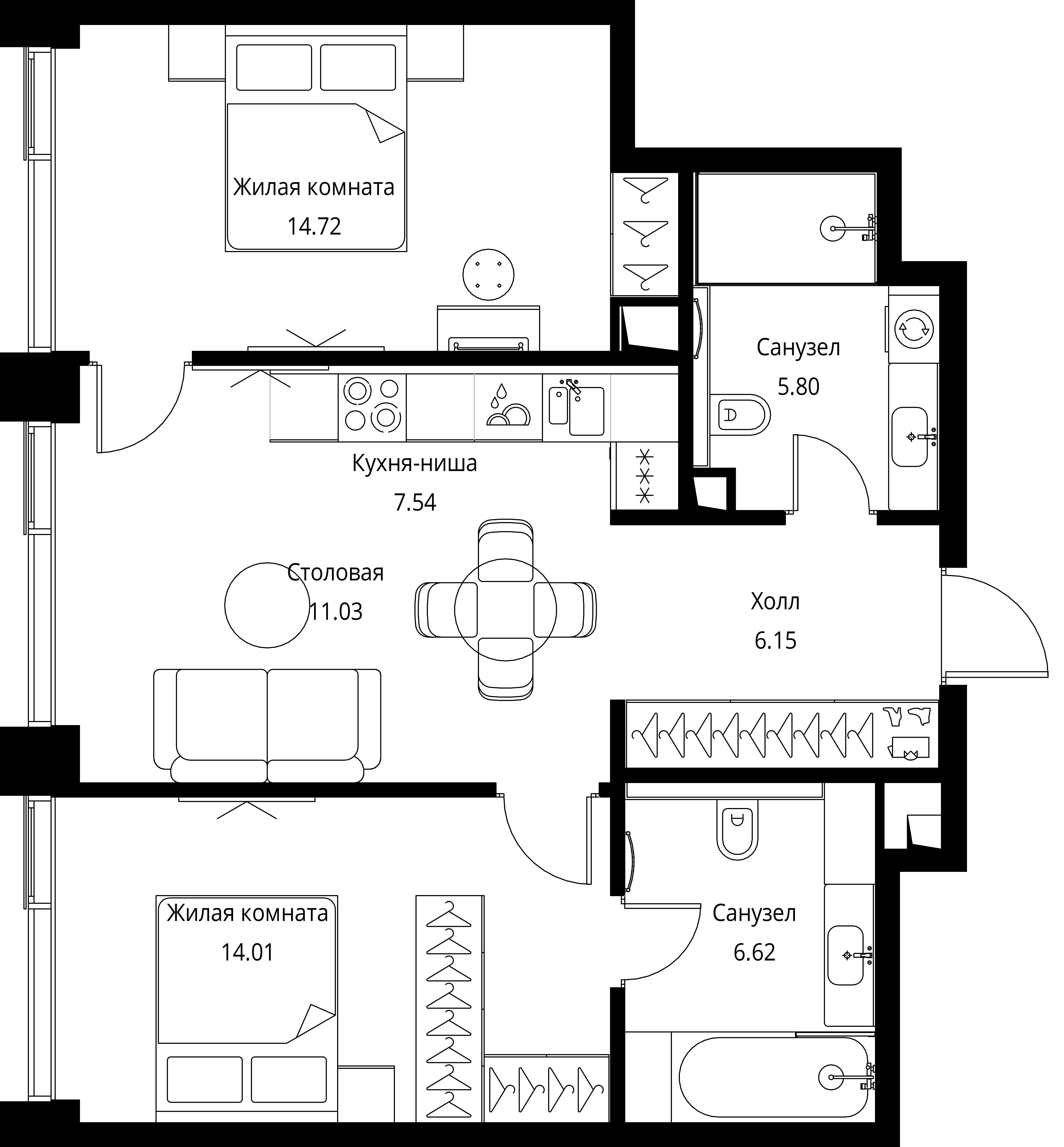 2-комнатная, 65,87 м² — 28 068 781 ₽