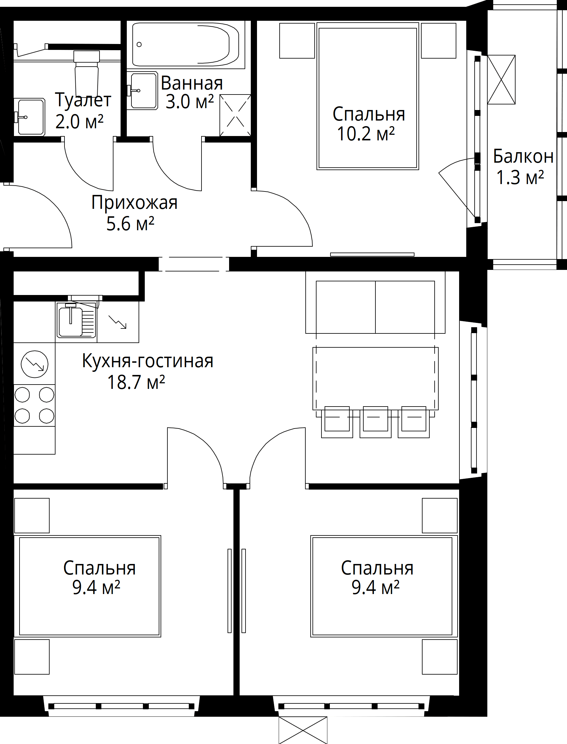 3-комнатная, 59,6 м² — 13 730 938 ₽