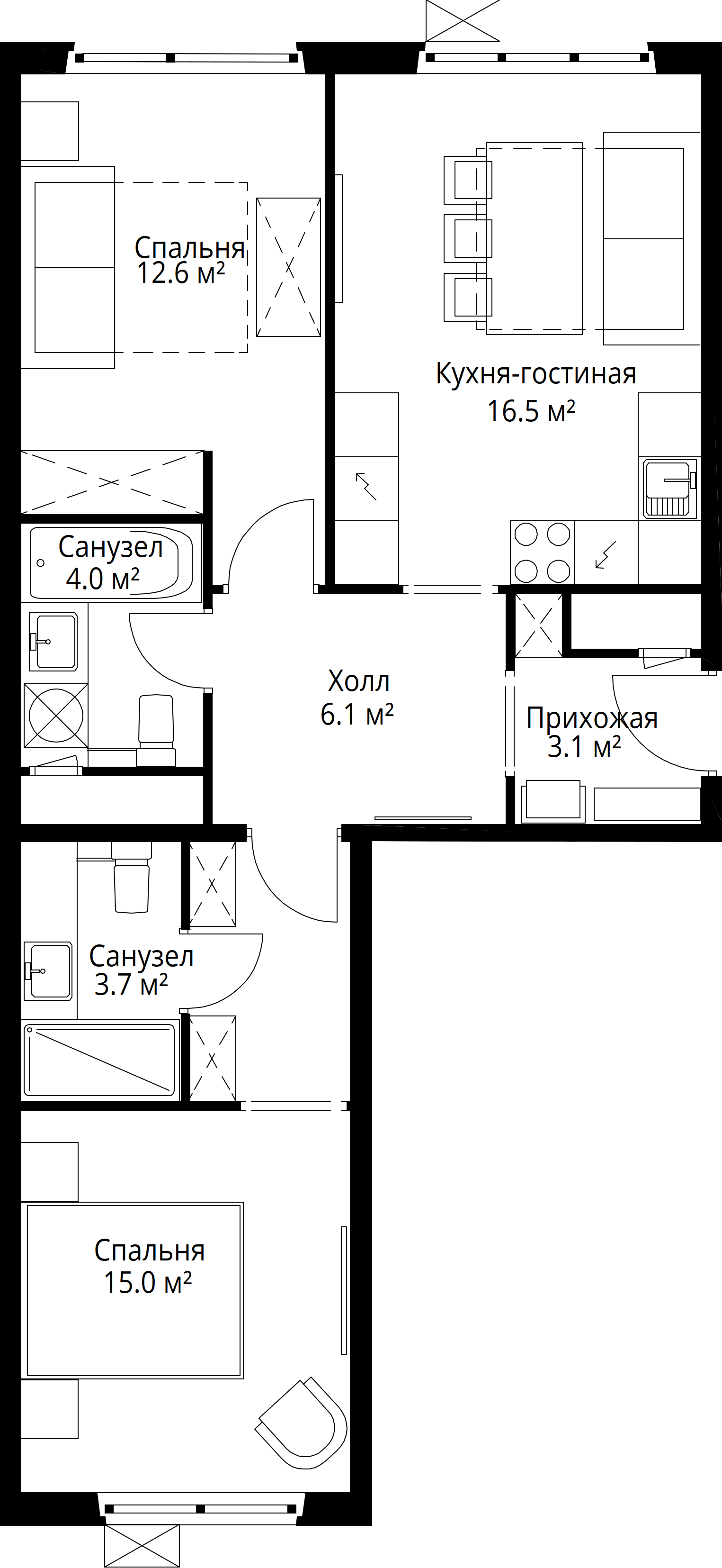 2-комнатная, 61 м² — 12 557 952 ₽
