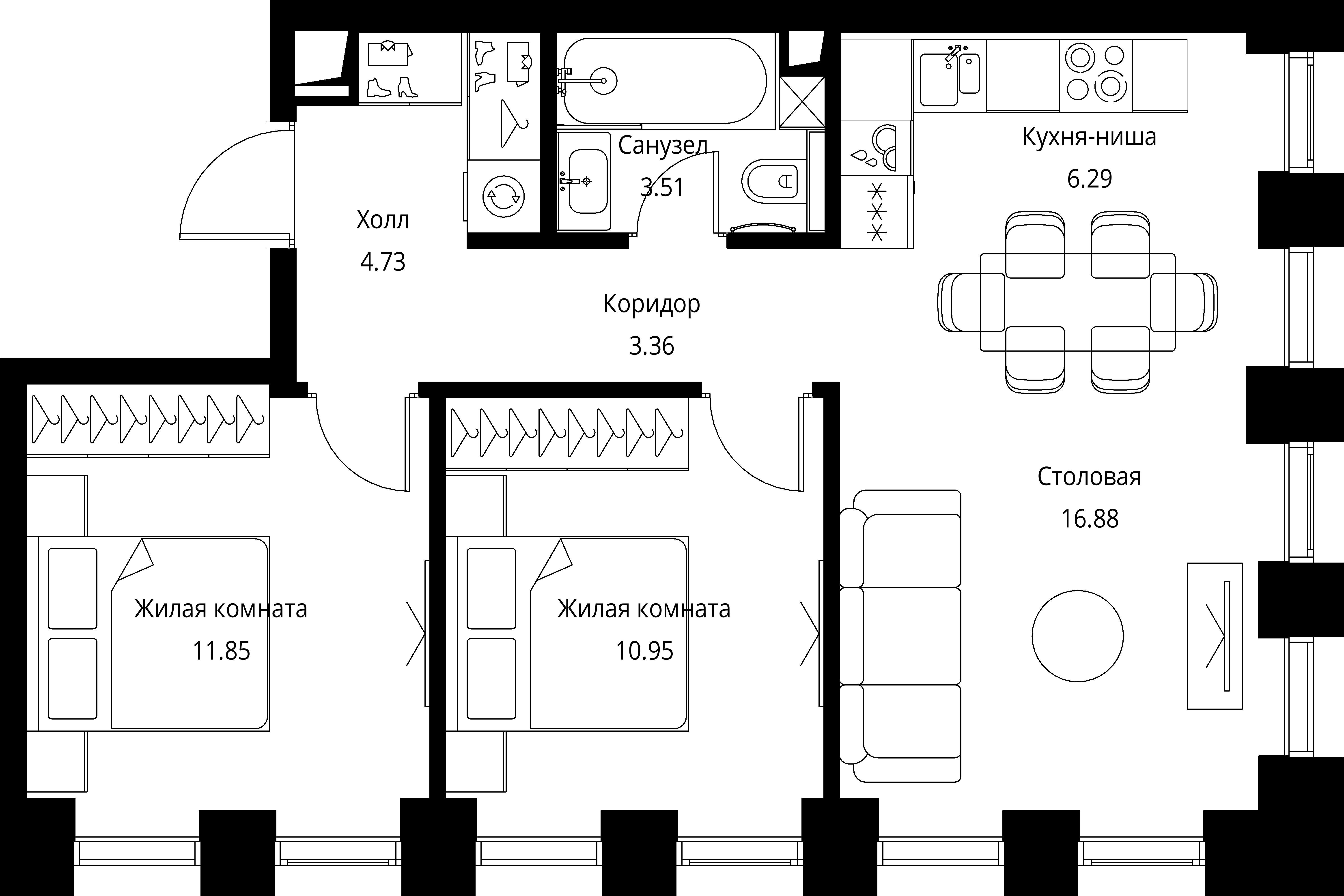 2-комнатная, 57,57 м² — 25 678 108 ₽