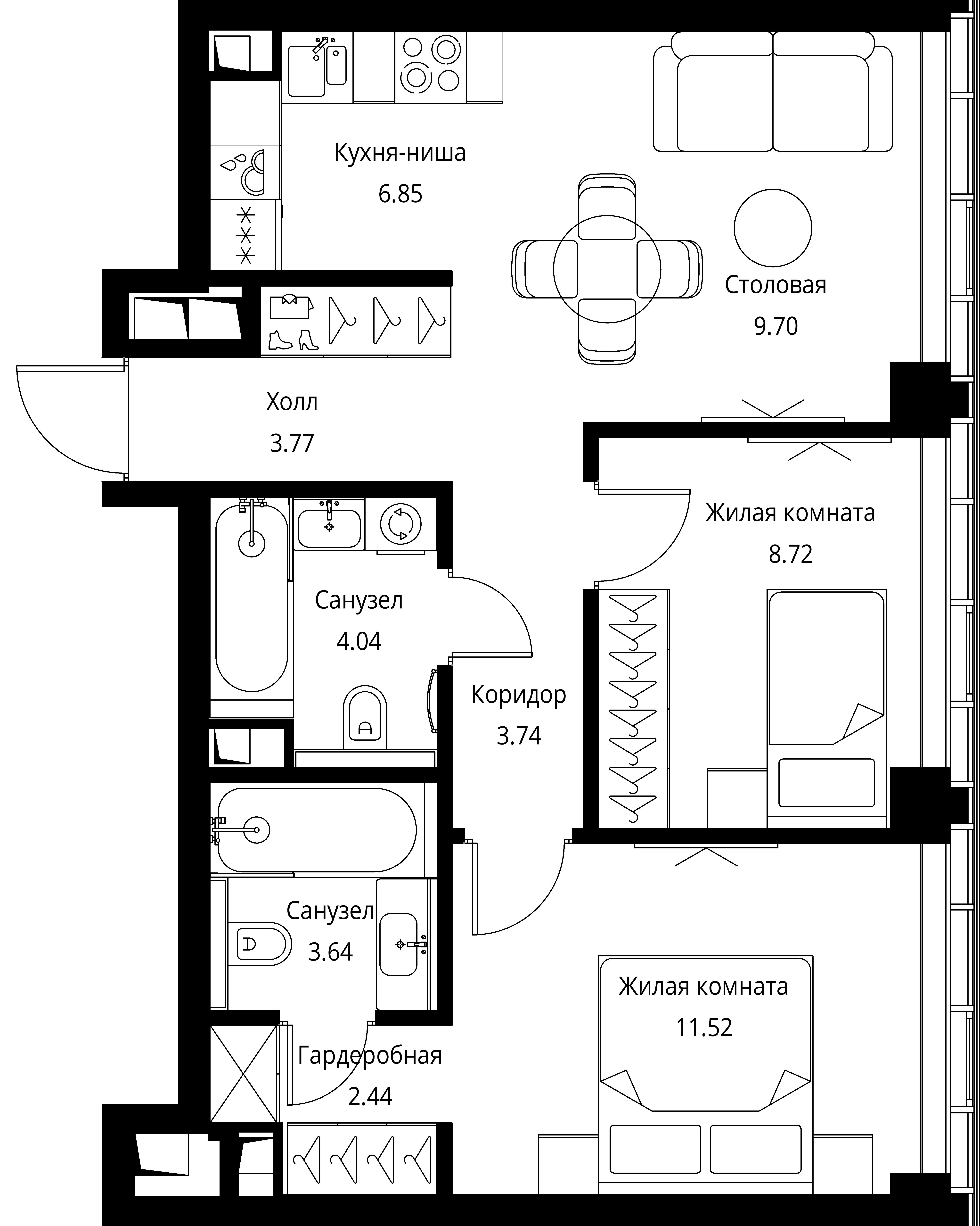 2-комнатная, 54,42 м² — 27 499 040 ₽