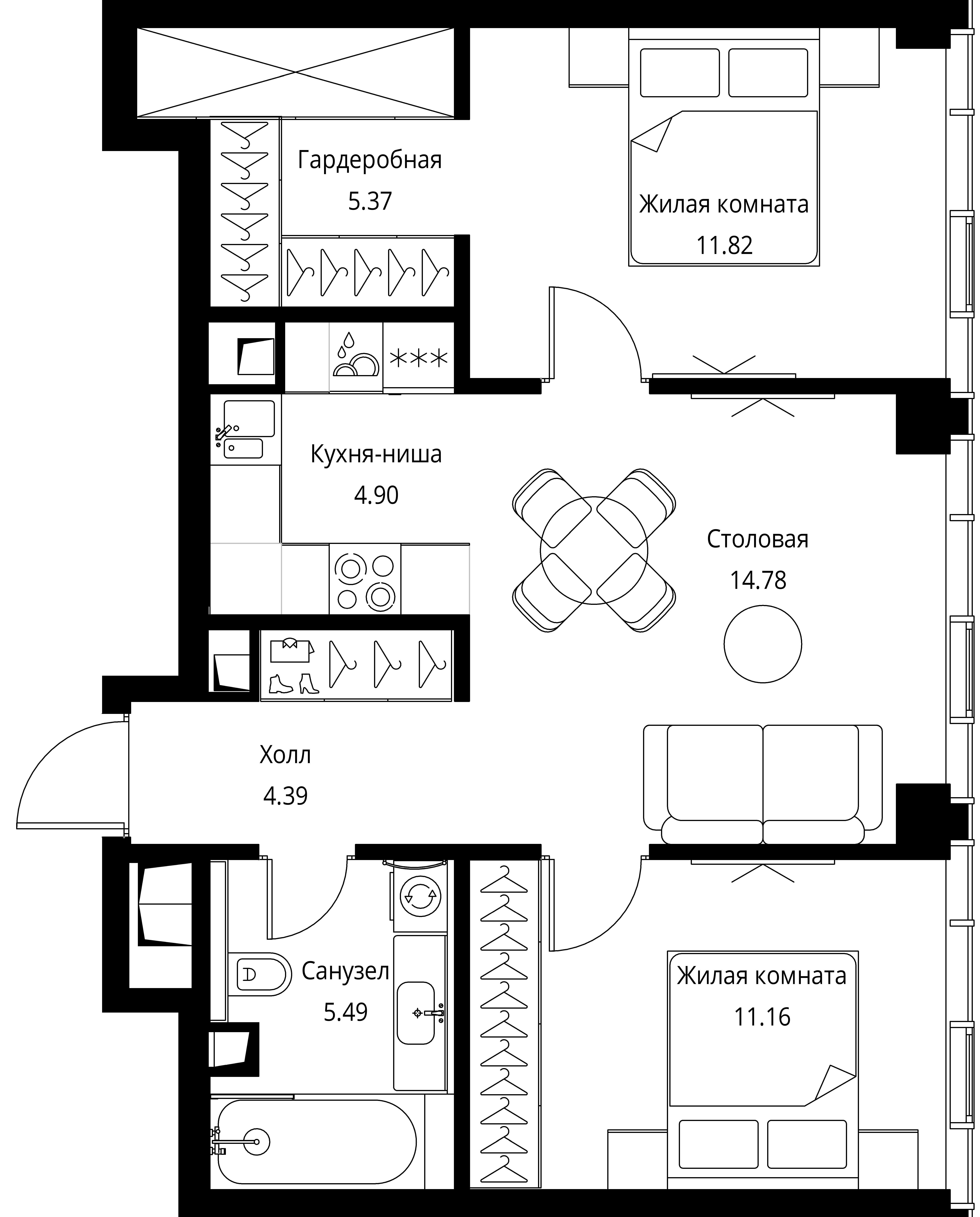 2-комнатная, 57,91 м² — 29 814 621 ₽