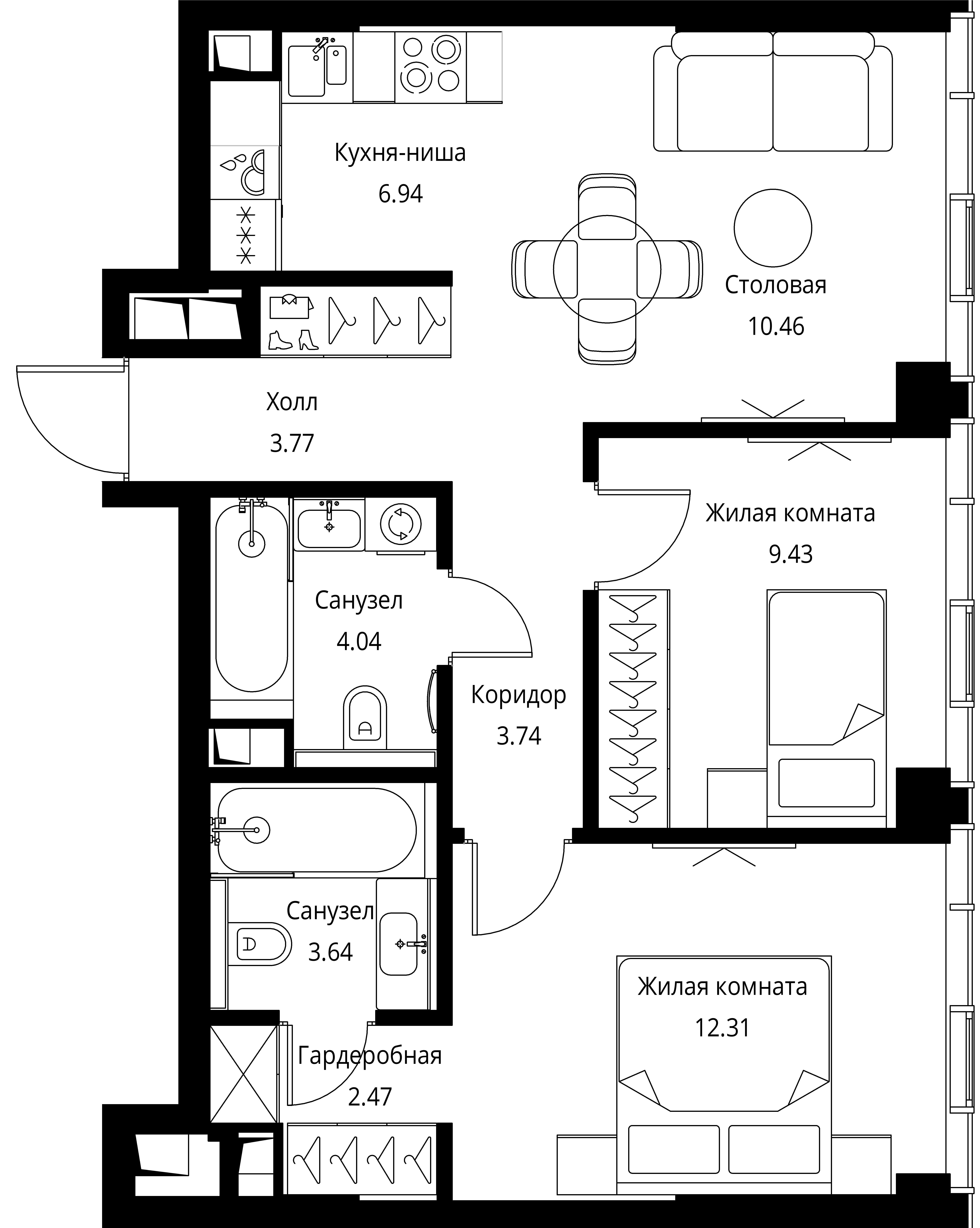 2-комнатная, 56,8 м² — 28 903 708 ₽