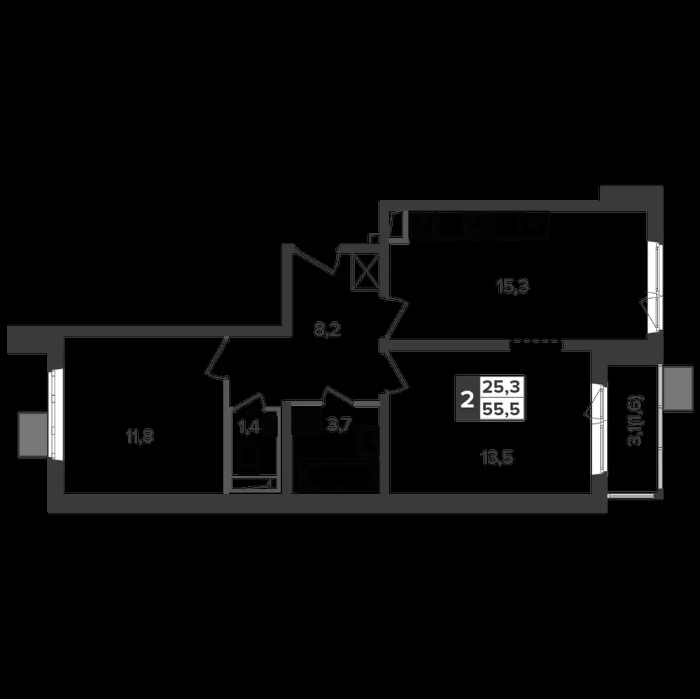 2-комнатная, 55,2 м² — 13 043 760 ₽