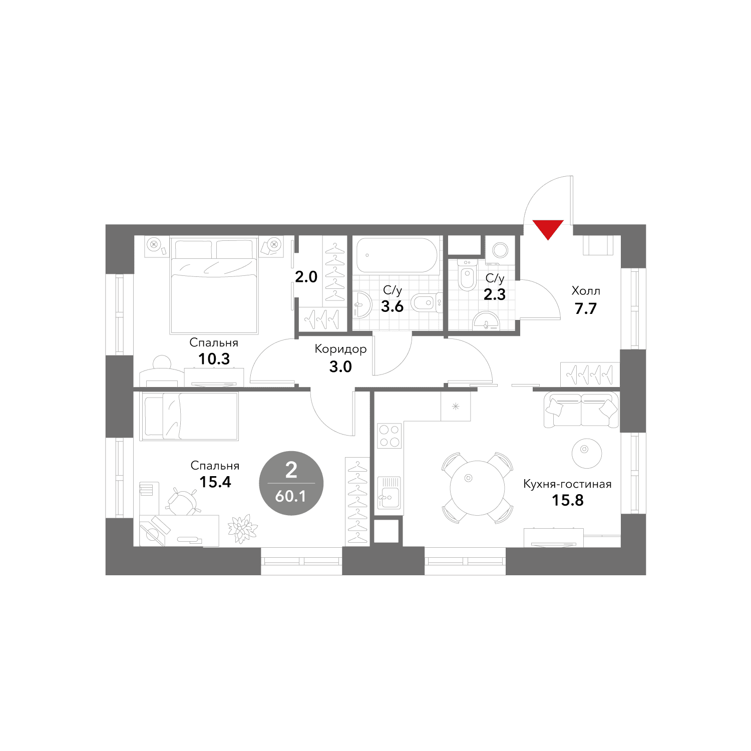2-комнатная, 60,2 м² — 43 877 427 ₽