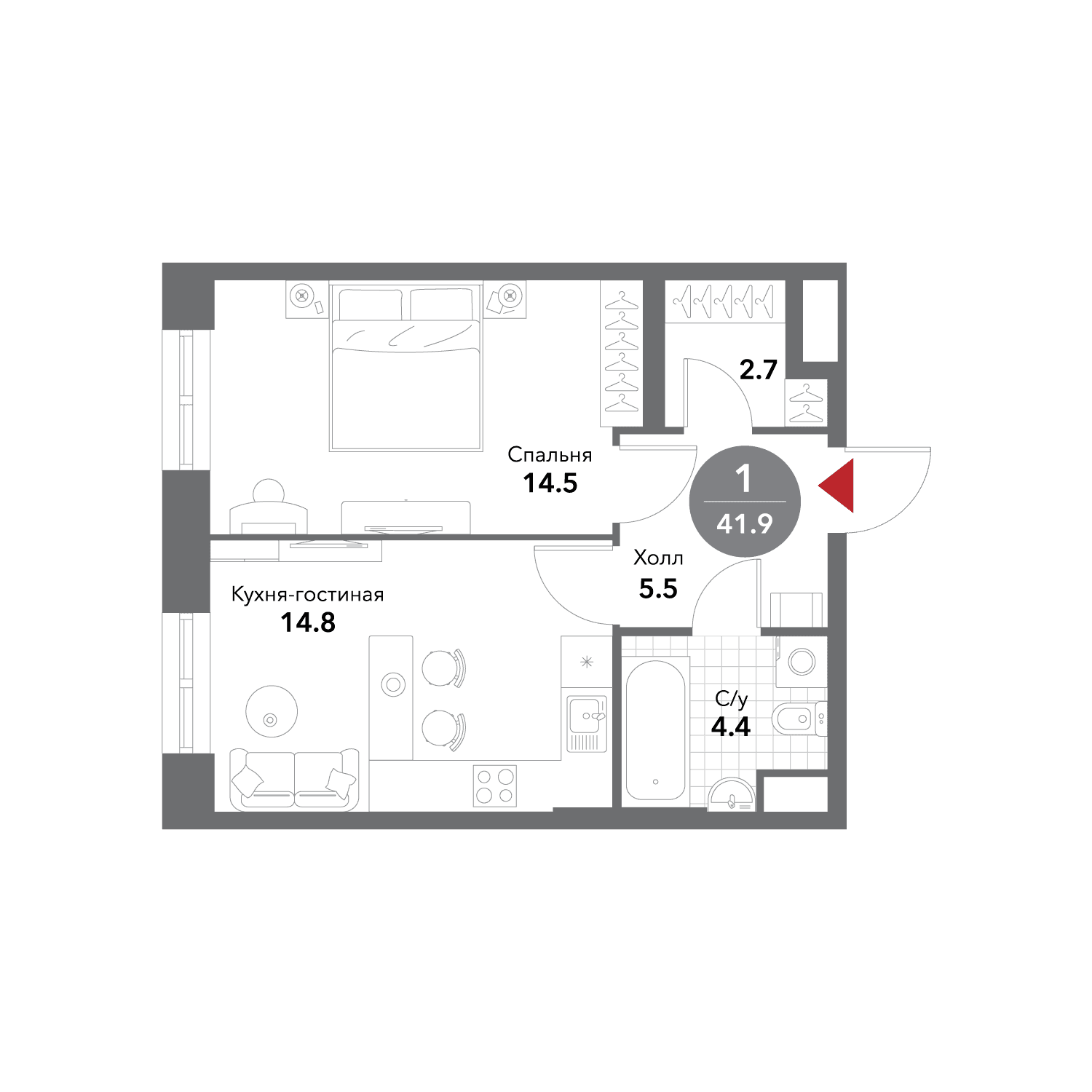 1-комнатная, 42,2 м² — 30 450 164 ₽