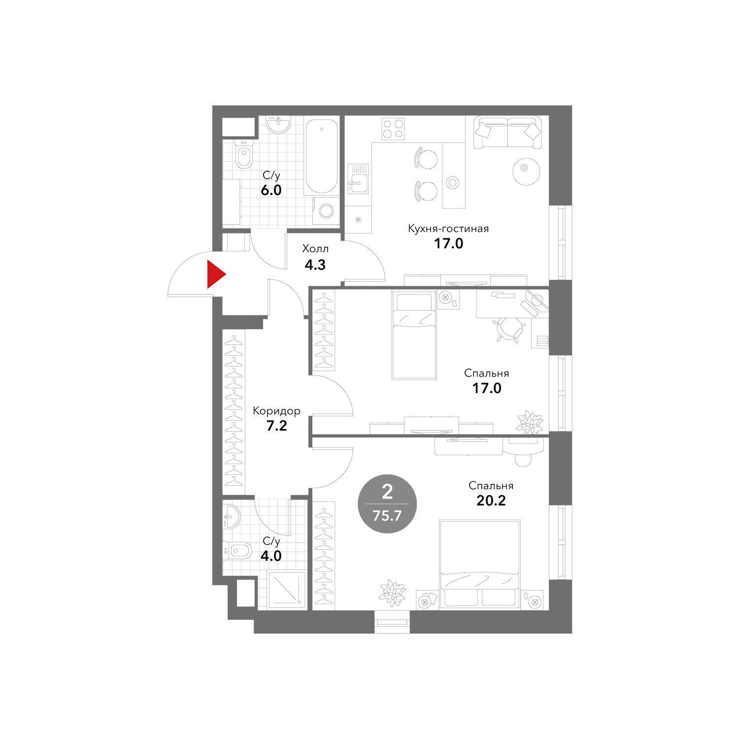 2-комнатная, 75,9 м² — 52 949 894 ₽