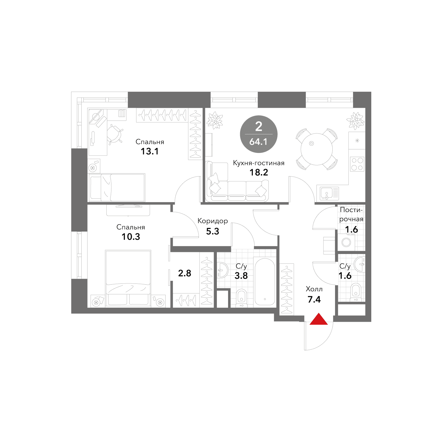 2-комнатная, 65,6 м² — 43 725 437 ₽