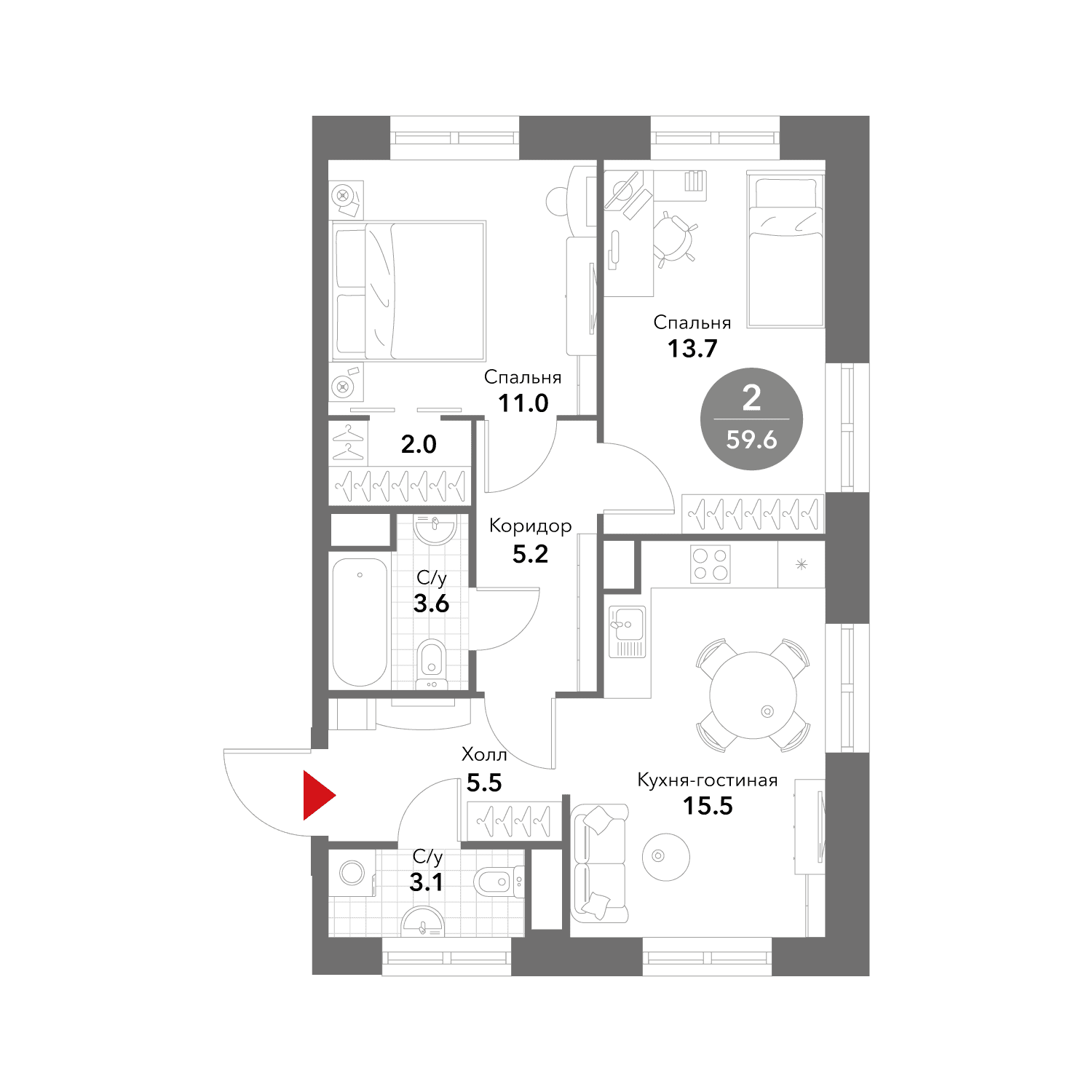 2-комнатная, 59,8 м² — 42 758 796 ₽