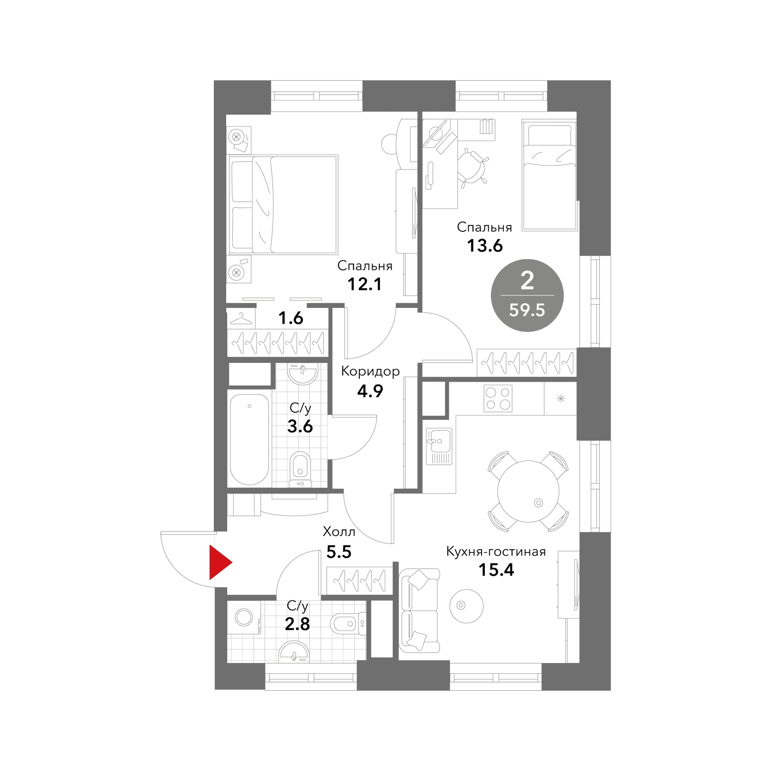 2-комнатная, 59,5 м² — 40 034 299 ₽