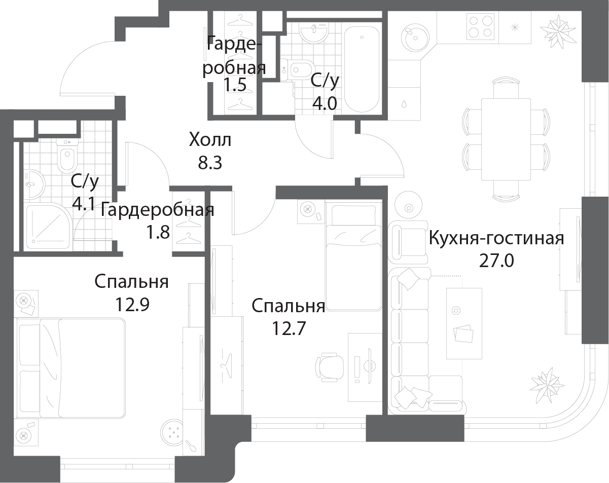 2-комнатная, 71,8 м² — 45 207 263 ₽