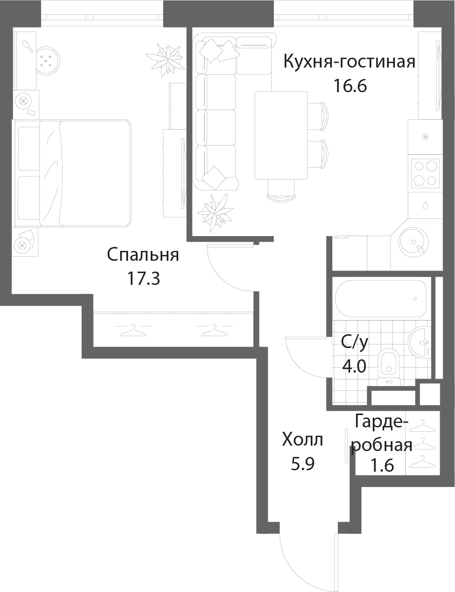 1-комнатная, 46,1 м² — 33 537 768 ₽