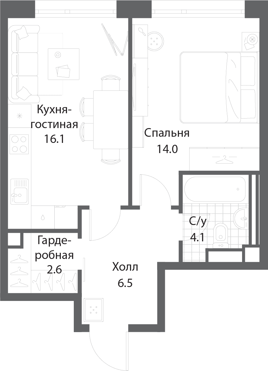 1-комнатная, 43,3 м² — 25 461 096 ₽