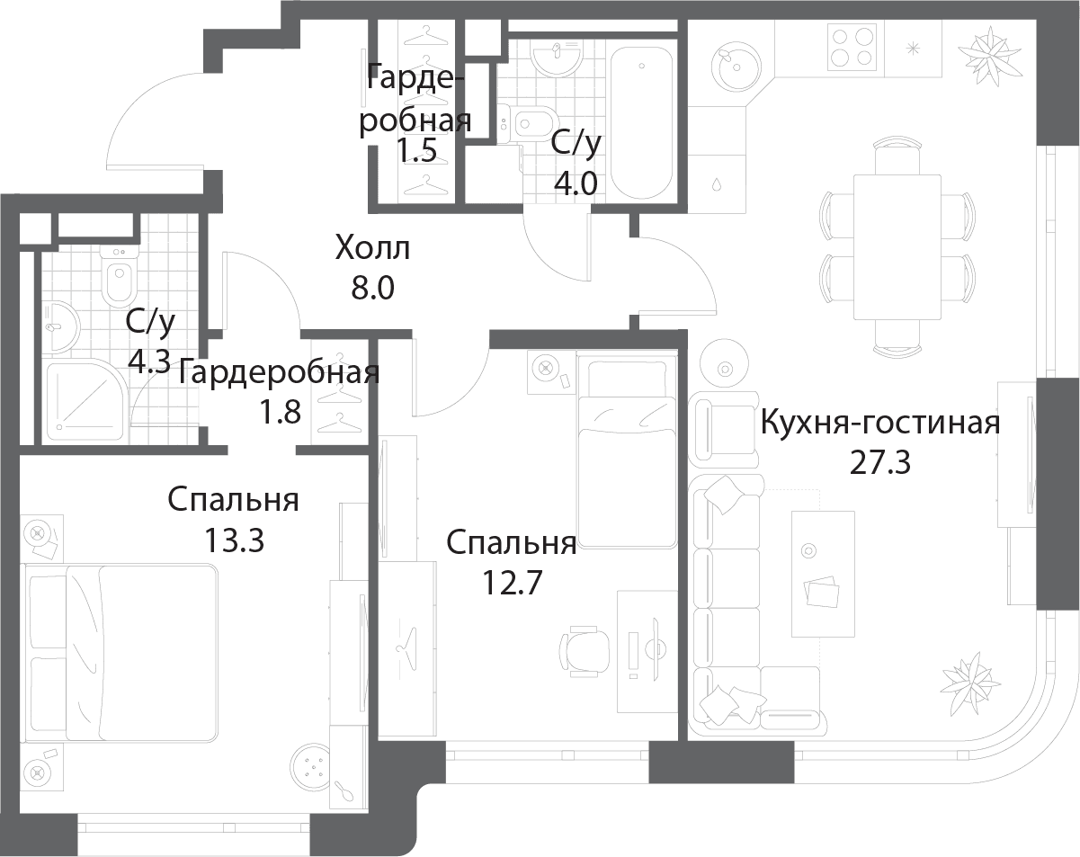 2-комнатная, 72,6 м² — 38 046 006 ₽