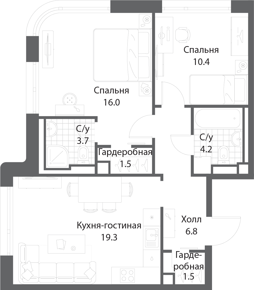 2-комнатная, 63,2 м² — 36 968 381 ₽