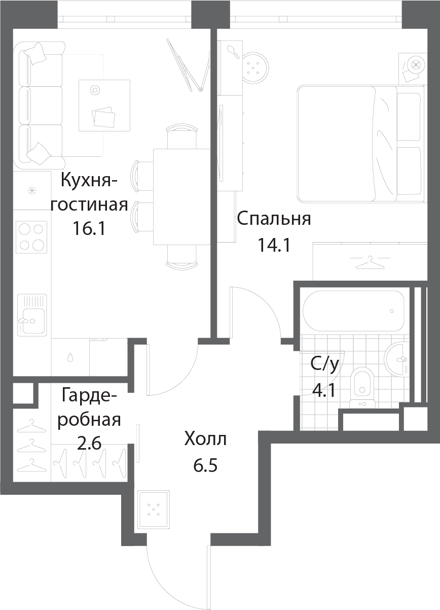 1-комнатная, 43,4 м² — 35 415 369 ₽