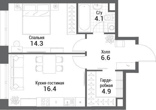 1-комнатная, 46,3 м² — 25 071 900 ₽