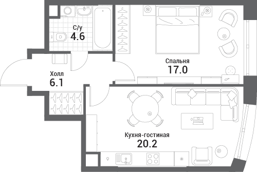 1-комнатная, 47,9 м² — 26 388 216 ₽