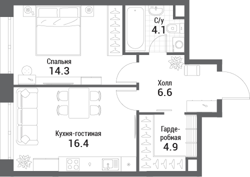 1-комнатная, 46,3 м² — 26 867 560 ₽