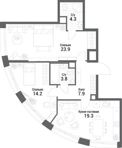 2-комнатная, 73,4 м² — 41 923 369 ₽