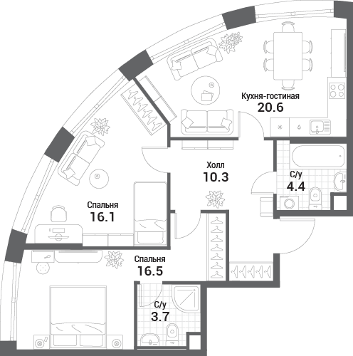2-комнатная, 71,6 м² — 39 335 148 ₽