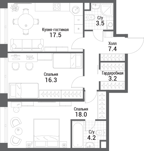 2-комнатная, 70,1 м² — 41 598 475 ₽
