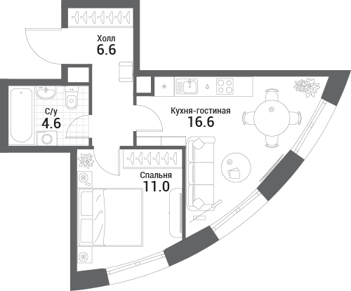 1-комнатная, 38,8 м² — 21 496 883 ₽