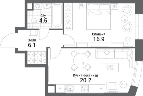 1-комнатная, 47,8 м² — 24 949 599 ₽