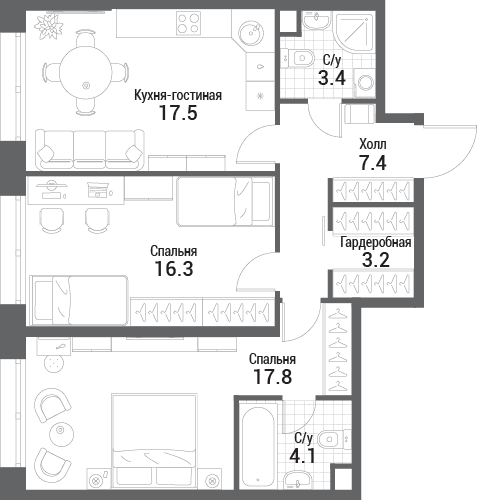 2-комнатная, 69,7 м² — 36 107 130 ₽