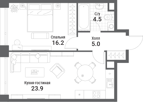 1-комнатная, 49,6 м² — 28 689 425 ₽