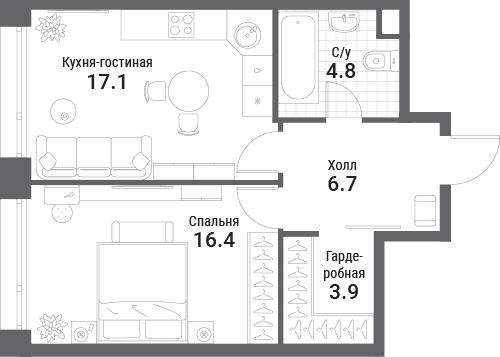 1-комнатная, 48,9 м² — 29 575 529 ₽