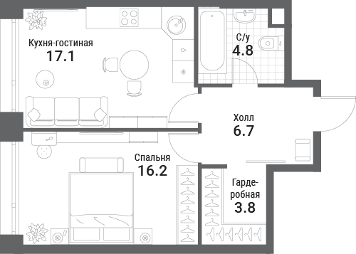 1-комнатная, 48,6 м² — 25 288 243 ₽