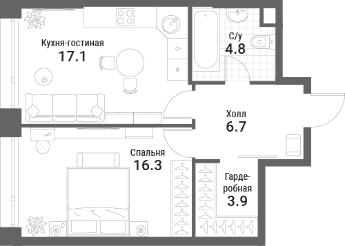 1-комнатная, 48,8 м² — 26 938 336 ₽