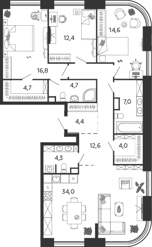 3-комнатная, 119,8 м² — 58 564 374 ₽