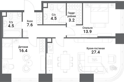 2-комнатная, 77,5 м² — 48 451 074 ₽