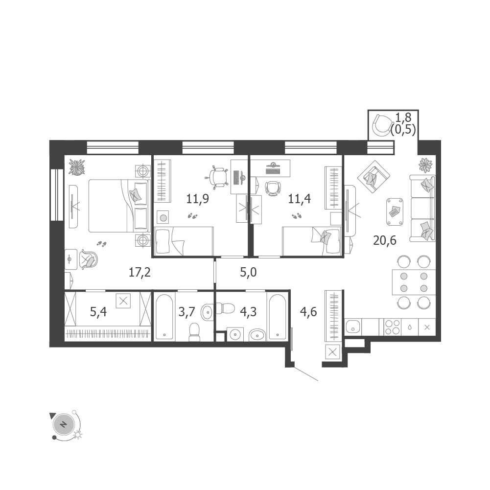 3-комнатная, 85,1 м² — 52 181 937 ₽