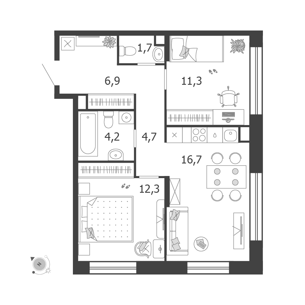 2-комнатная, 58,7 м² — 42 763 297 ₽