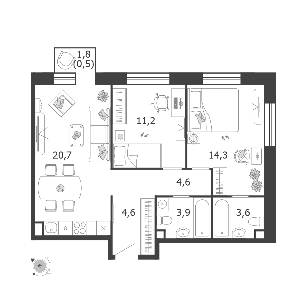 2-комнатная, 63,4 м² — 33 599 866 ₽