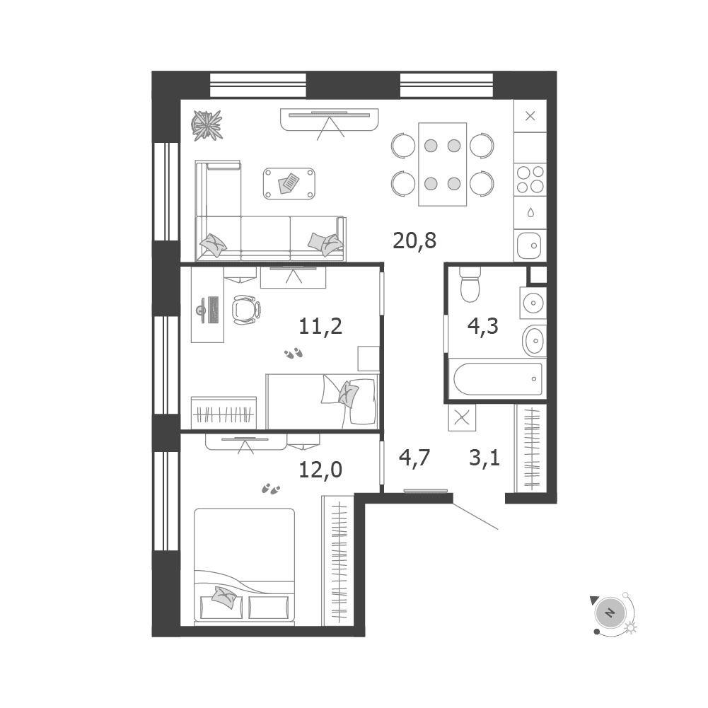 2-комнатная, 56,1 м² — 42 090 920 ₽