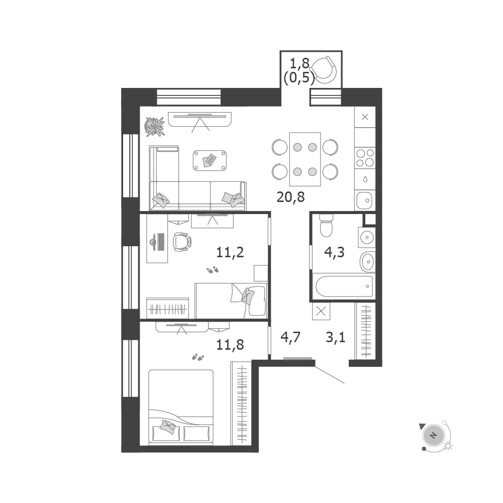 2-комнатная, 56,4 м² — 42 990 960 ₽