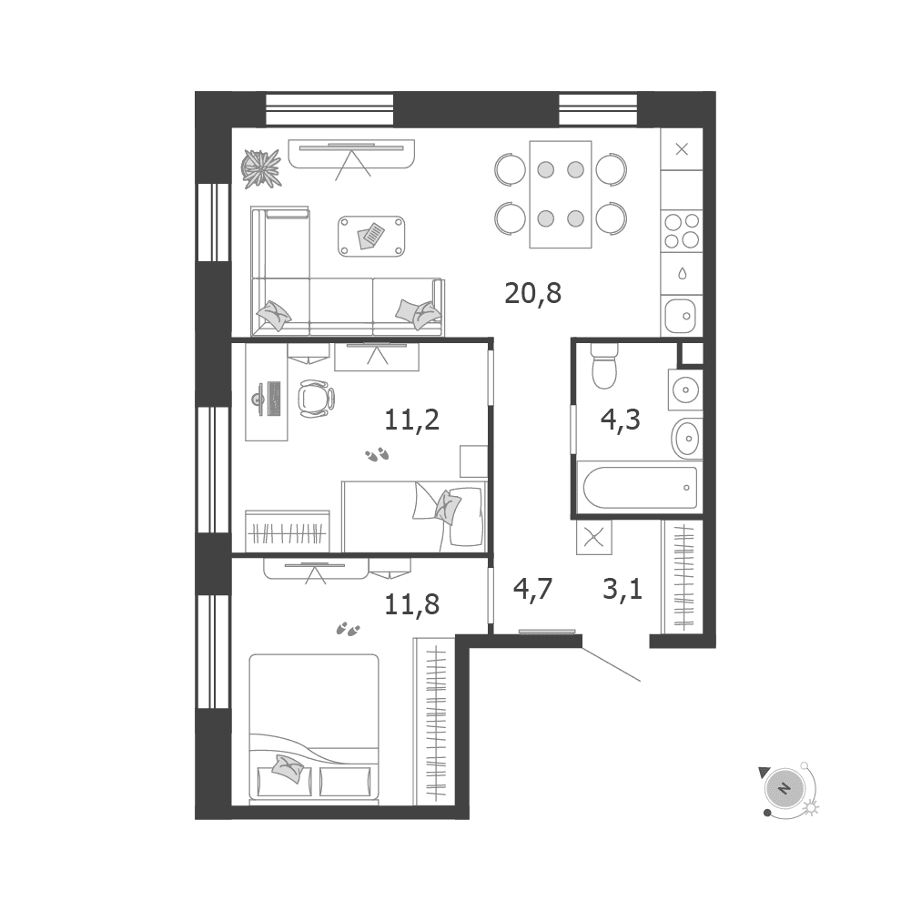 2-комнатная, 55,5 м² — 42 378 731 ₽