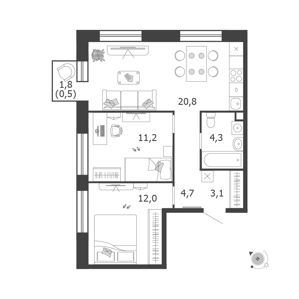 2-комнатная, 56,6 м² — 32 315 975 ₽