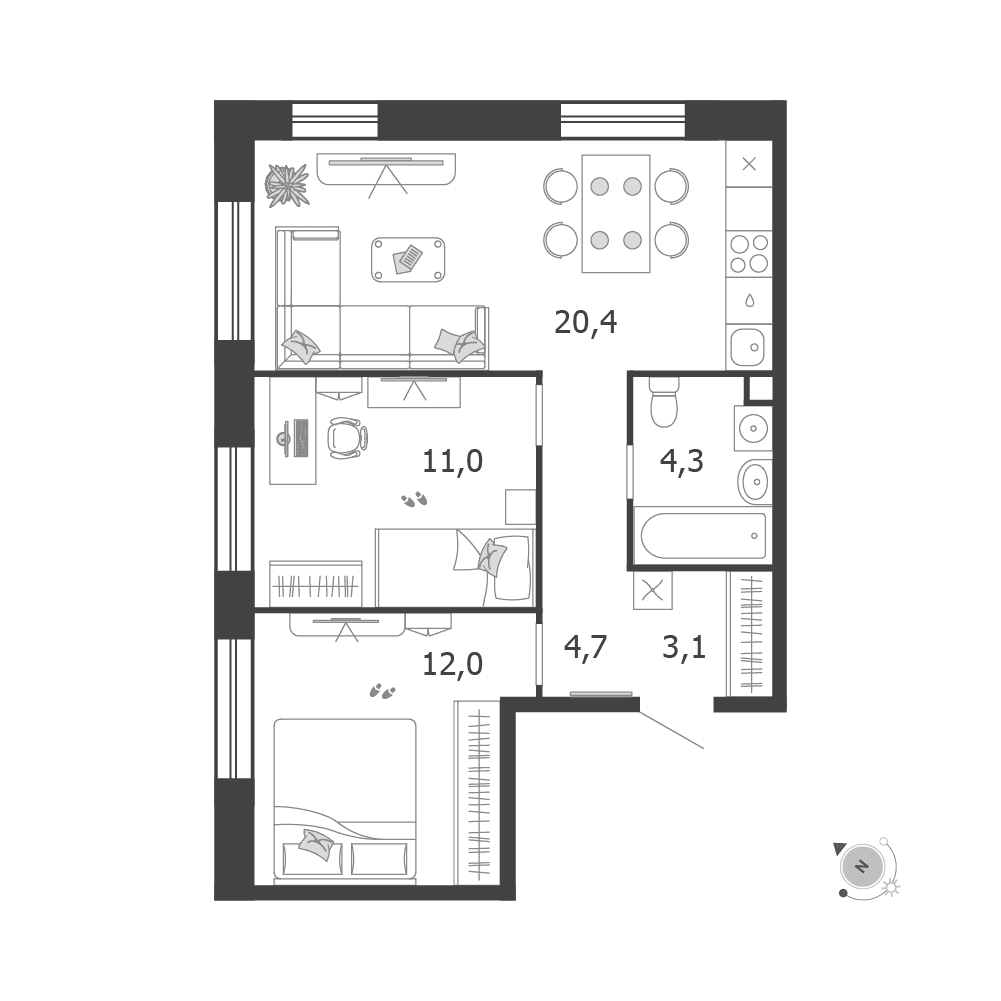 2-комнатная, 55,5 м² — 43 153 616 ₽