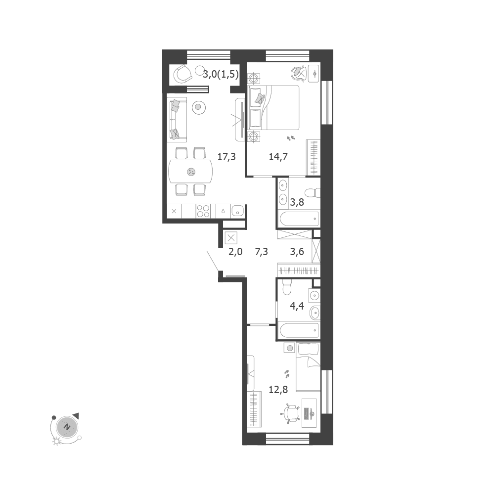 2-комнатная, 67,4 м² — 44 180 560 ₽