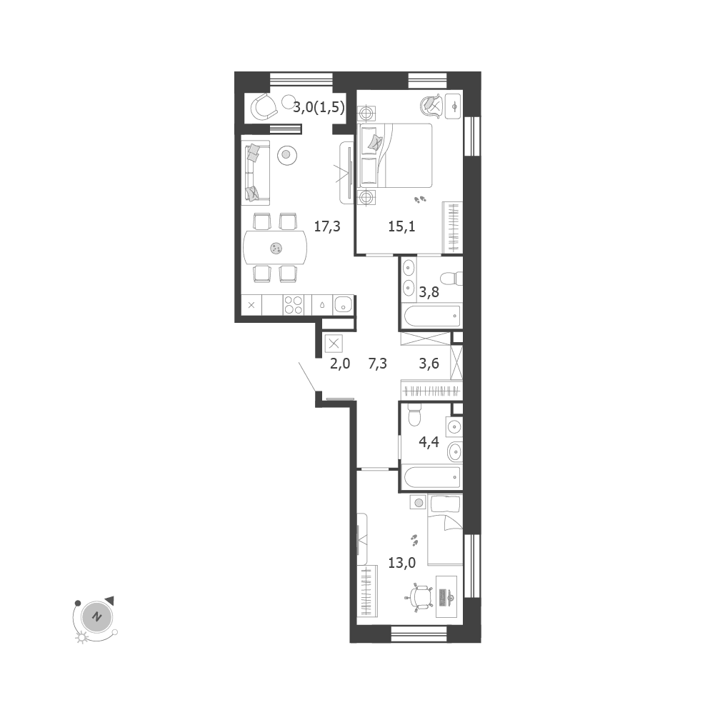 2-комнатная, 68 м² — 44 913 151 ₽
